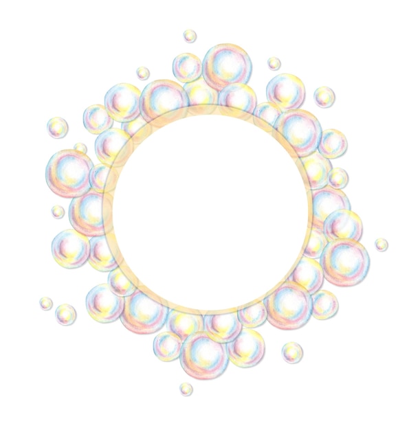 Watercolor illustration of a round frame with soap bubbles Summer toy symbol bath time carnival