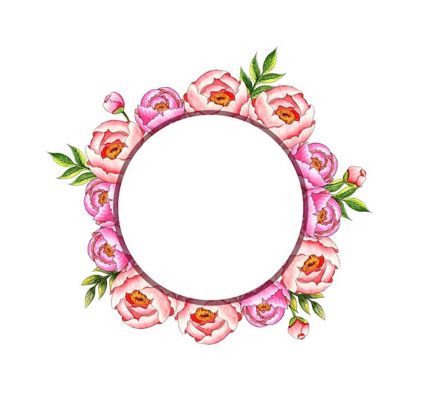 Watercolor illustration round frame wreath border with pink peonies buds and leaves Botanical composition isolated from background Great pattern for decor stationery wedding invitations cards