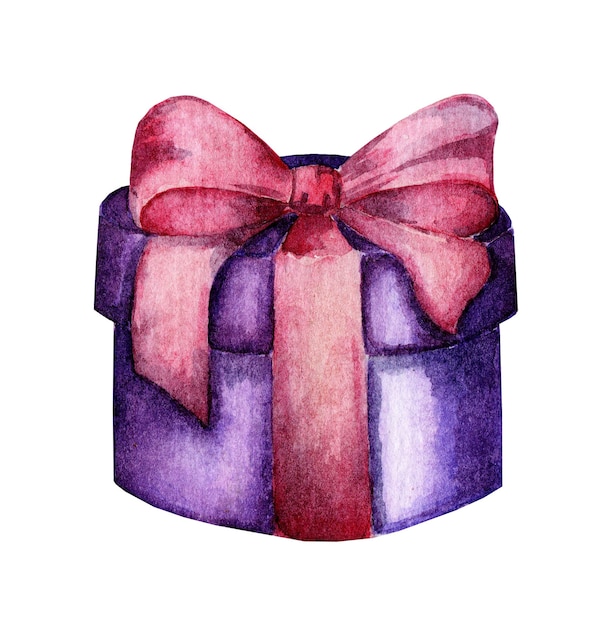 Watercolor illustration of a round purple box with a pink bow