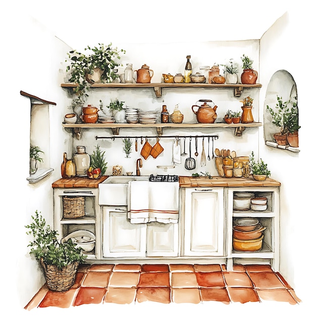 Watercolor Illustration of a Rustic Kitchen Interior with White Cabinets and Tiled Floor