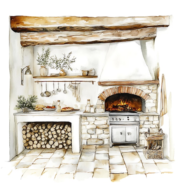 Photo watercolor illustration of a rustic kitchen with a brick fireplace and a woodfired oven