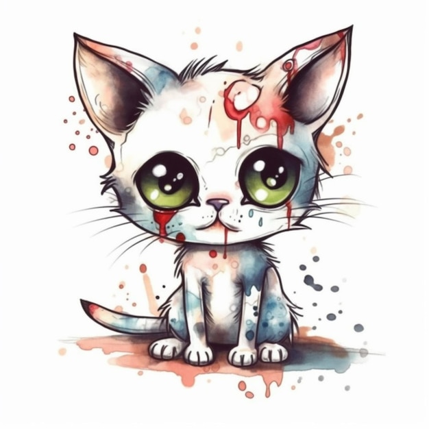 Watercolor illustration of a sad cat with a red heart on its face.