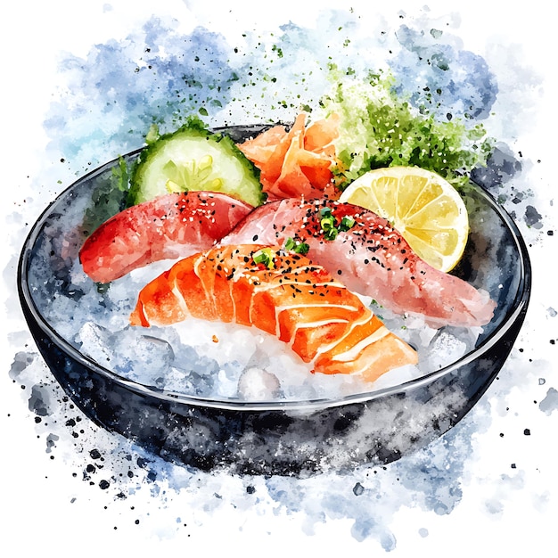 Photo watercolor illustration of sashimi on ice in a black bowl