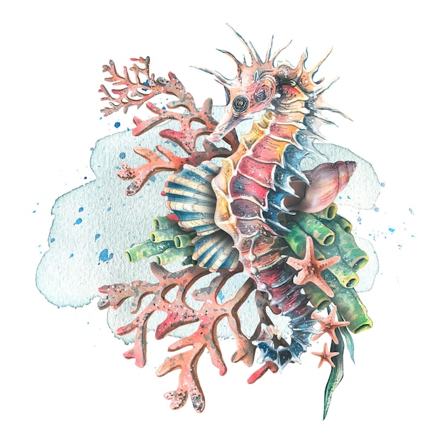 Watercolor illustration of a seahorse with corals shells Tropical composition for decoration design and decoration of souvenirs postcards posters prints for clothes stickers labels