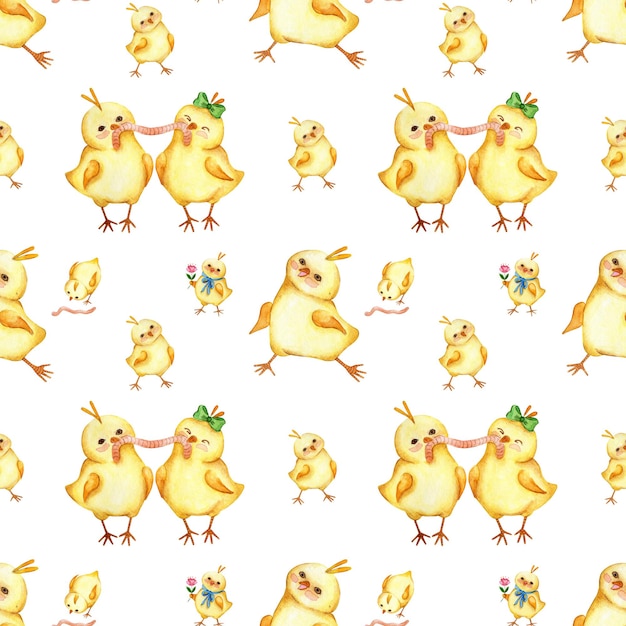 Watercolor illustration of a seamless pattern of chickens Design for children and Easter holiday