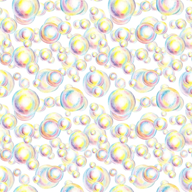 Watercolor illustration seamless pattern with rainbow soap bubbles Summer toy symbol bath time carnival bubble party Isolated from background hand drawn For the design of banners cards flyers