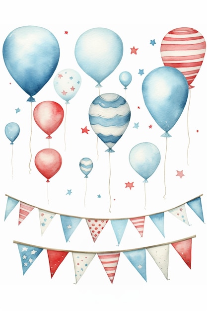 Photo watercolor illustration set of bunting flag and balloons