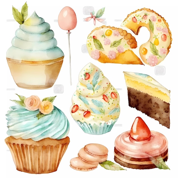 Watercolor illustration of a set of cakes, cakes, and cakes.