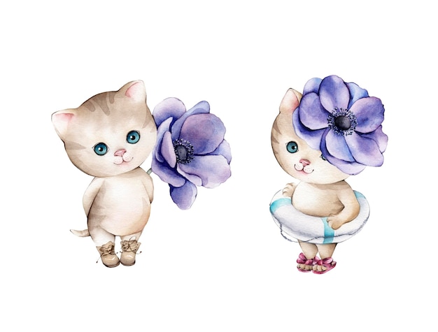 Watercolor illustration set of cute cats with purple anemones Kitten white background Hand drawn