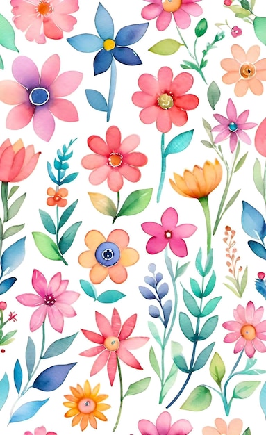 Watercolor illustration of a set of flowers for decoration squares with flowers seamless pattern