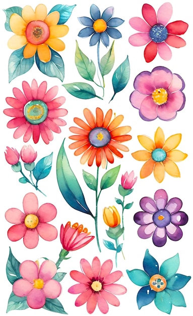 Watercolor illustration of a set of flowers for decoration squares with flowers seamless pattern