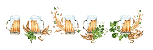 Watercolor illustration of a set of glass mugs with beer foam splashes hops and ears of wheat Oktoberfest festival isolated from background Compositions for posters cards banners