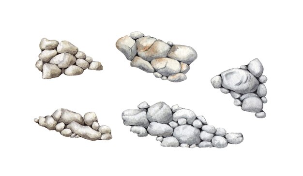 Photo watercolor illustration of a set of gray piles of stones natural elements of hard rock pebbles