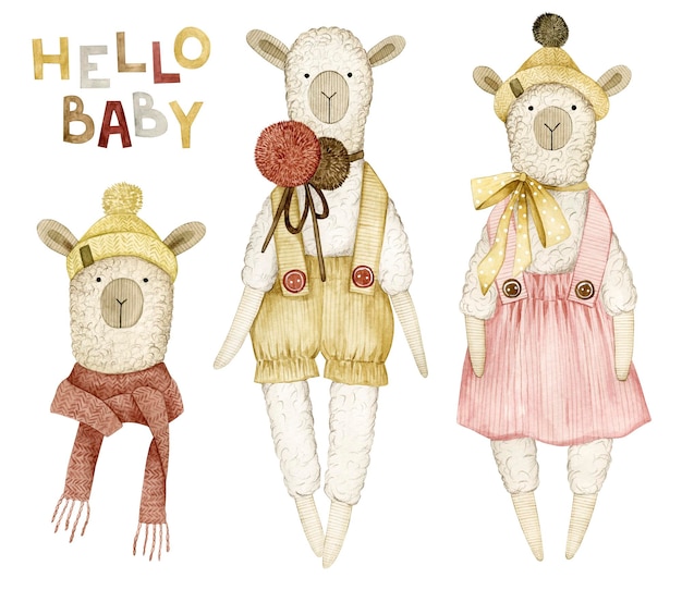 Watercolor illustration set hello baby with toy lamas. Isolated on white background. Hand drawn.