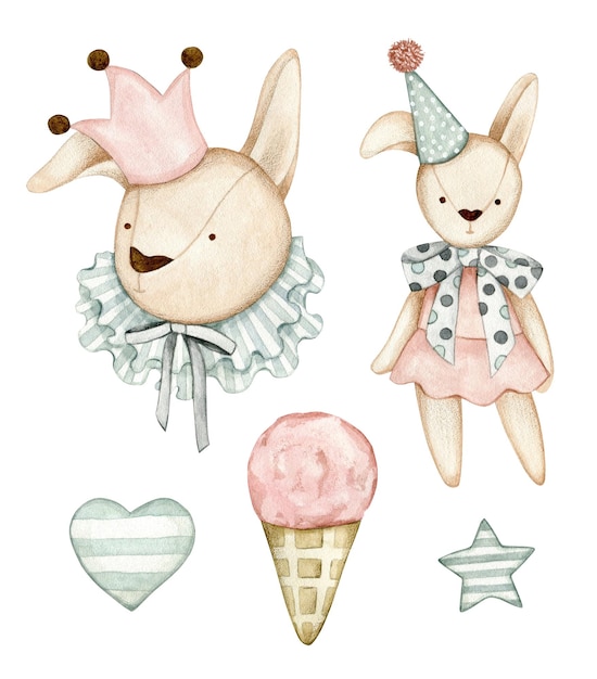 Watercolor illustration set with bunnies, ice cream, star, heart. Isolated on white background.