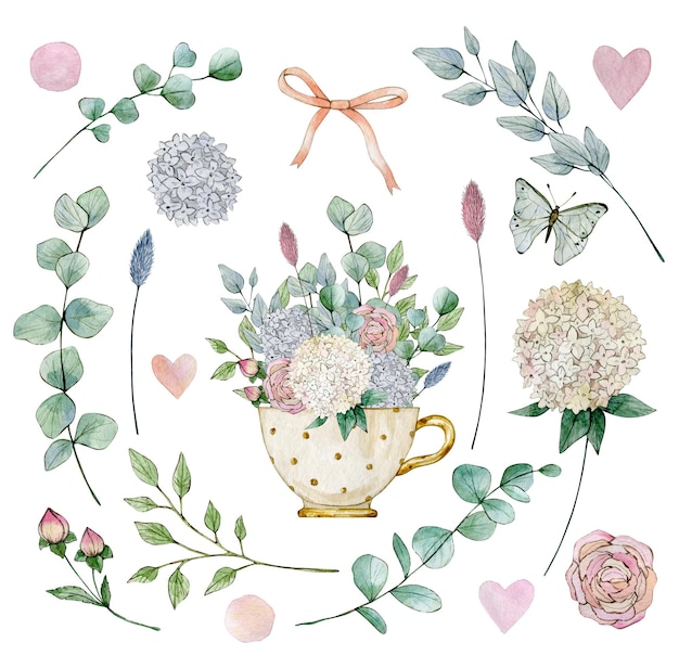 Watercolor illustration set with cup eucalyptus hydrangea dots pink hearts butterfly and roses