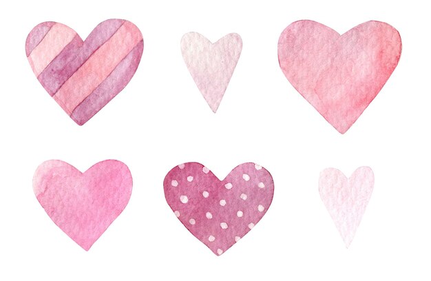 Watercolor illustration set with pink hearts Isolated on white background Hand drawn clipart