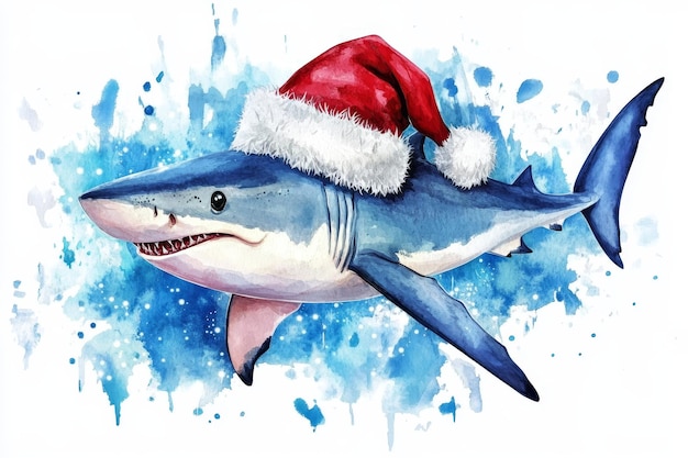 Watercolor illustration of a shark wearing a Santa hat capturing the festive spirit of Christm