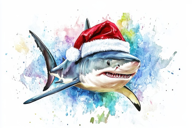 Photo a watercolor illustration of a shark wearing a santa hat symbolizing the festive spirit the u