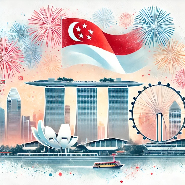 Watercolor illustration of Singapore National Day celebration with fireworks