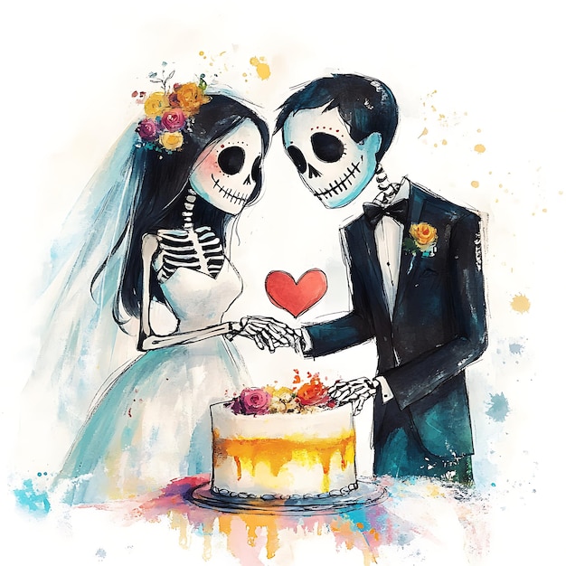 Watercolor Illustration of Skeleton Couple Getting Married with Cake