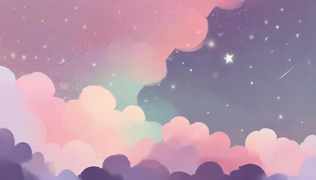 a watercolor illustration of a sky with clouds and stars