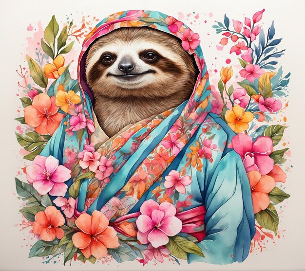 Watercolor illustration of a sloth in a kimono with flowers