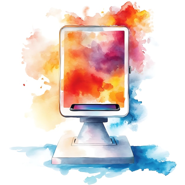 Photo watercolor illustration of a smartphone on a stand with colorful background