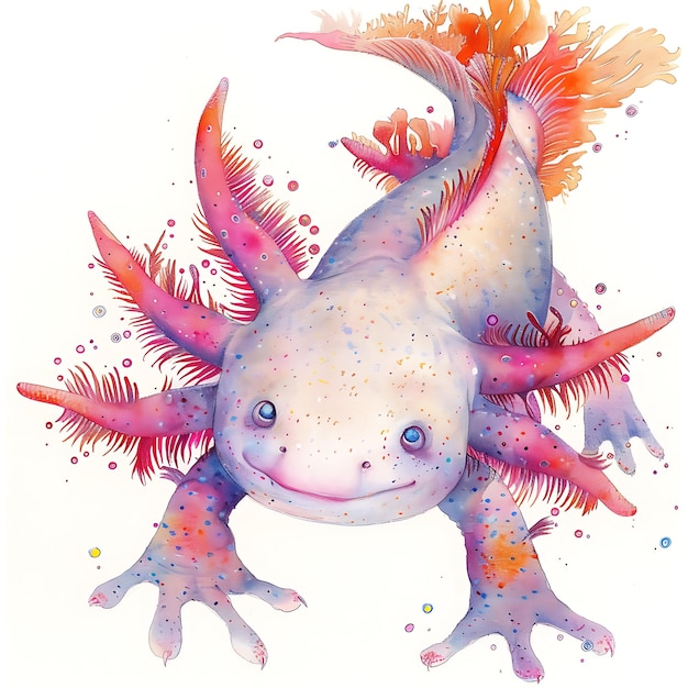 Watercolor Illustration of a Smiling Axolotl with Colorful Splashes