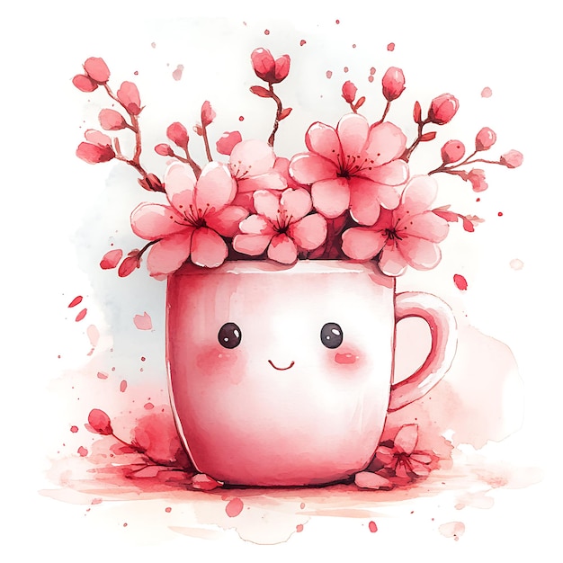 Photo watercolor illustration of a smiling mug with pink flowers