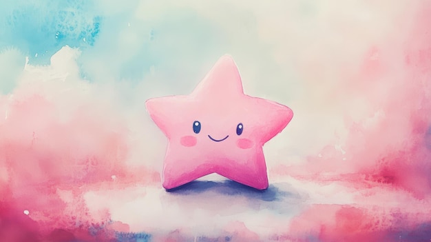 Photo watercolor illustration of a smiling pink star