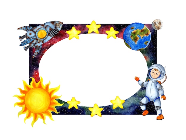 Watercolor illustration space frame with astronaut, rocket, sun, earth, moon, stars. Children frame isolated on white background. Drawn by hand.