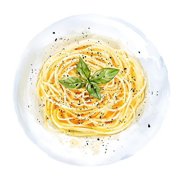 Photo watercolor illustration of spaghetti with basil and pepper