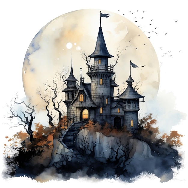 Watercolor illustration of a spooky castle on a cliff under a full moon Halloween