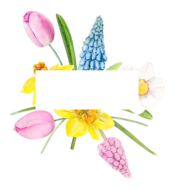 Watercolor Illustration Spring Frame With Muscari Daffodils Tulips Leaves