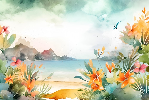 Watercolor illustration of a summer beach with flying bird background Generated AI