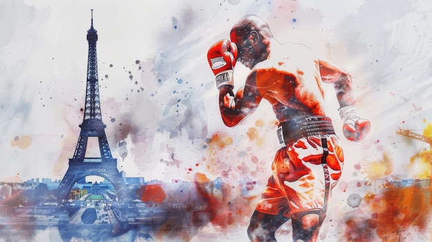 watercolor illustration Summer Olympic Games boxer against the background of the Eiffel Tower and city panorama free space for text