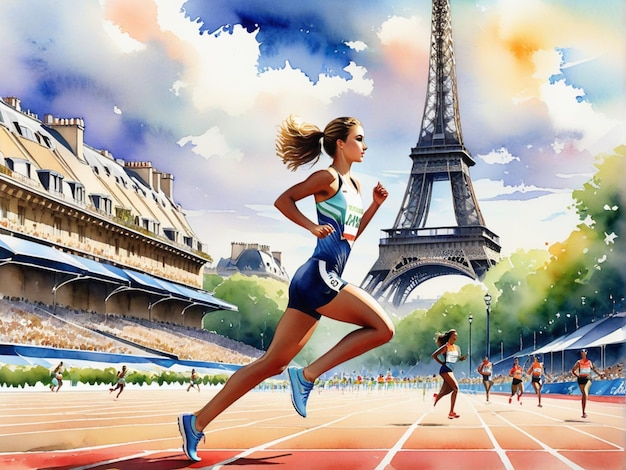 Watercolor illustration the Summer Olympic Games in Paris athletics a girl athlete runner on the bac