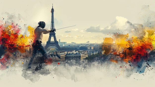 watercolor illustration Summer Olympic Games in Paris fencing fencer with a rapier against the backdrop of the Eiffel Tower landmarks and city panorama free space for text