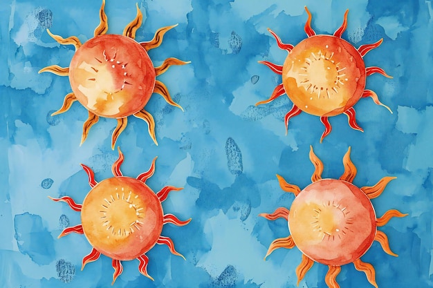 Watercolor illustration of a sun on a blue watercolor background