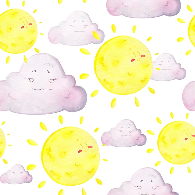 Watercolor illustration sun cloud laughing weather pattern.