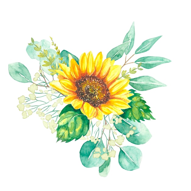 Watercolor illustration of sunflower and eucalyptus twigs