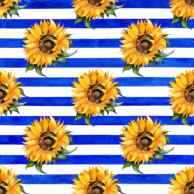 Watercolor illustration of a sunflower flower pattern on a blue striped background Seamless