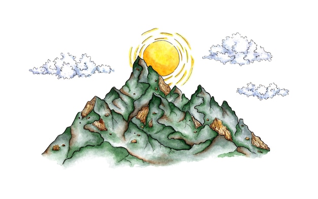 Watercolor illustration of sunrise in the mountains with clouds Mountain landscape For the design