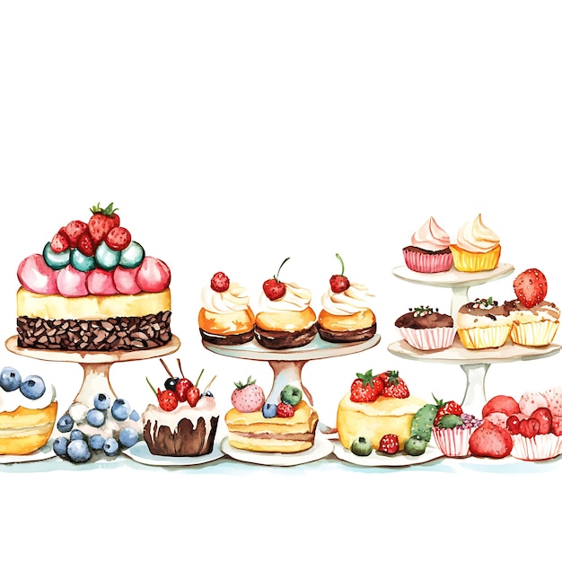 Watercolor Illustration of a Sweet Dessert Table with Cupcakes Cakes and Berries