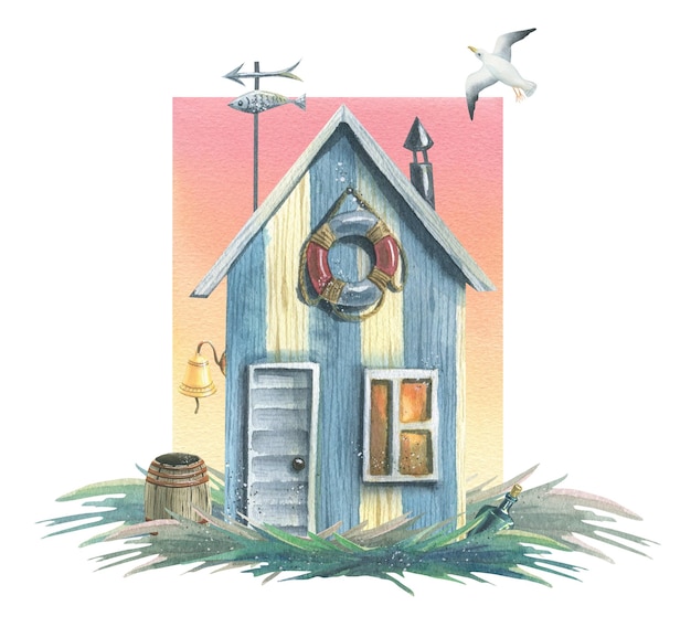 Watercolor illustration on the theme of sea house