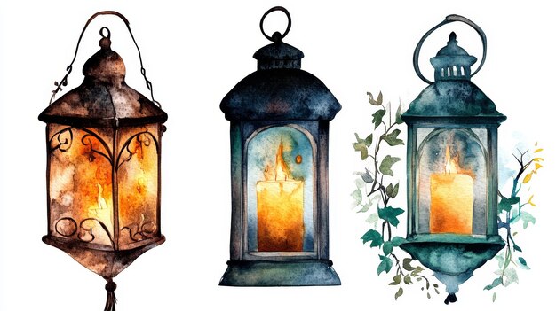 Photo watercolor illustration of three antique lanterns with glowing candles inside symbolizing warm