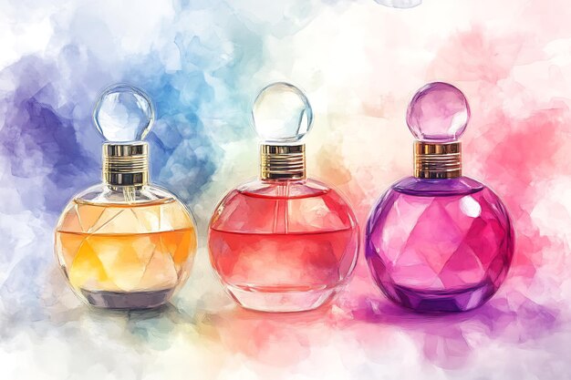 Watercolor Illustration of Three Perfume Bottles on Abstract Background