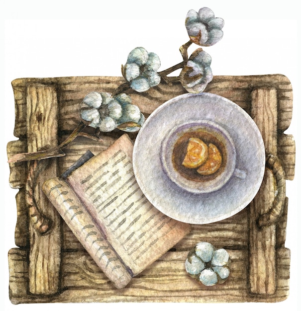 Watercolor illustration. Top view. Wooden tray with a cup of tea and lemon, a book, cotton.Breakfast.