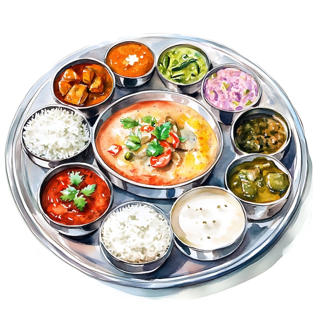 Photo watercolor illustration of a traditional indian thali meal with various curries rice and accompaniments